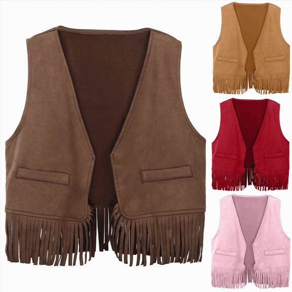 Splozh Winter Jacket Kids Western Cowboy Vest Boys Girls Suede Tassel Dress Up Jacket,Pink,5-6 Years
