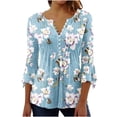 thumbnail image 2 of ZVAVZ Prime Deals of The Day Floral Tops for Women Trendy Button Pleated Blouses Summer 3/4 Sleeve Pullover Loose Fit Flowy Hem O-neck Shirts, 2 of 5
