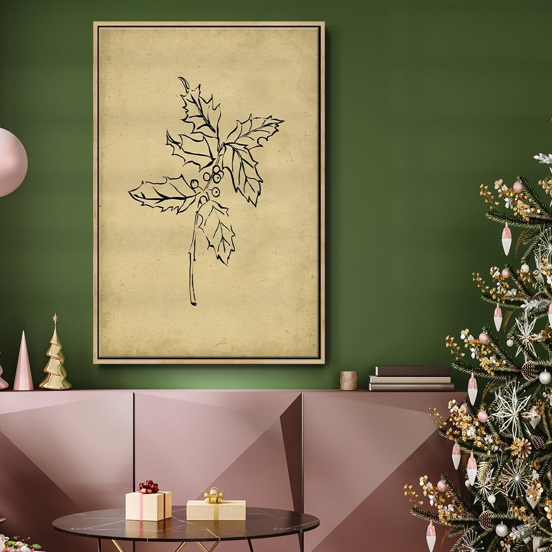 Holly Branch I - Framed Gallery Wrapped Holiday Canvas - 17 x 25 - Natural Wood Frame