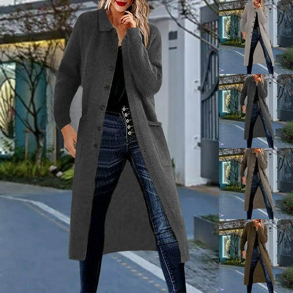 Lovskoo Cardigan Sweaters for Women Open Front Long Sleeve Medium Length Single Breasted Knit Pocket Jacket Oversized Winter Outerwear Tops Beige