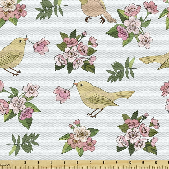 Floral Sofa Upholstery Fabric by the Yard, Birds and Flowers on a Pale Blue Background, Decorative Fabric for DIY and Home Accents, Multicolor by Ambesonne