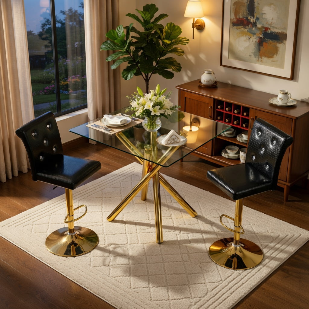 Hommoo Modern 3-Piece Glass Bar Table Set with Adjustable Swivel Bar Stools, Chrome X-Base & PU Leather, Counter Height for Kitchen Island, Home Bar & Small Spaces, Black & Gold
