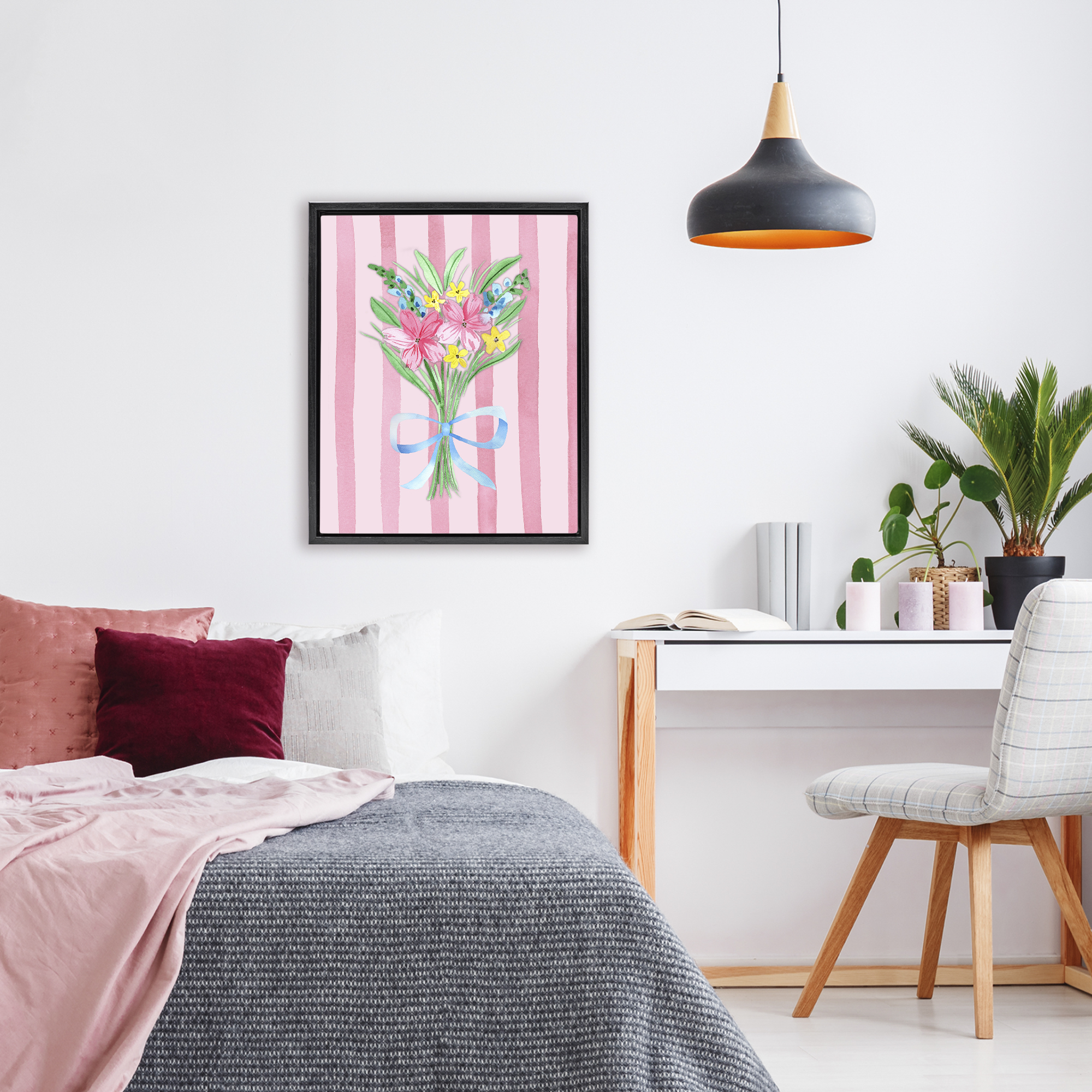 Spring Bouquet Pink & Blue Black Framed Floater Canvas Wall Art, design by Nina Jacobs