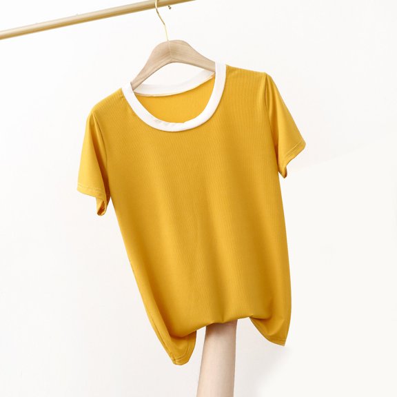 USSUMA Womens Tops Women'S Round Neck Solid Color Short Sleeved Loose T-Shirt Short Sleeved Round Neck Top/Shirt Trendy Lightweight Online Shopping Yellow M