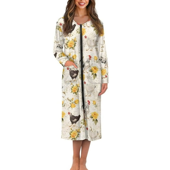 FKELYI Retro Rooster Yellow Rose Print Women Zippered Nightgowns Comfy Sleepwear Dress with 2 Pockets Nightwear Dress Fall Winter Loungewear House Coat Soft Bathrobes, 2XL