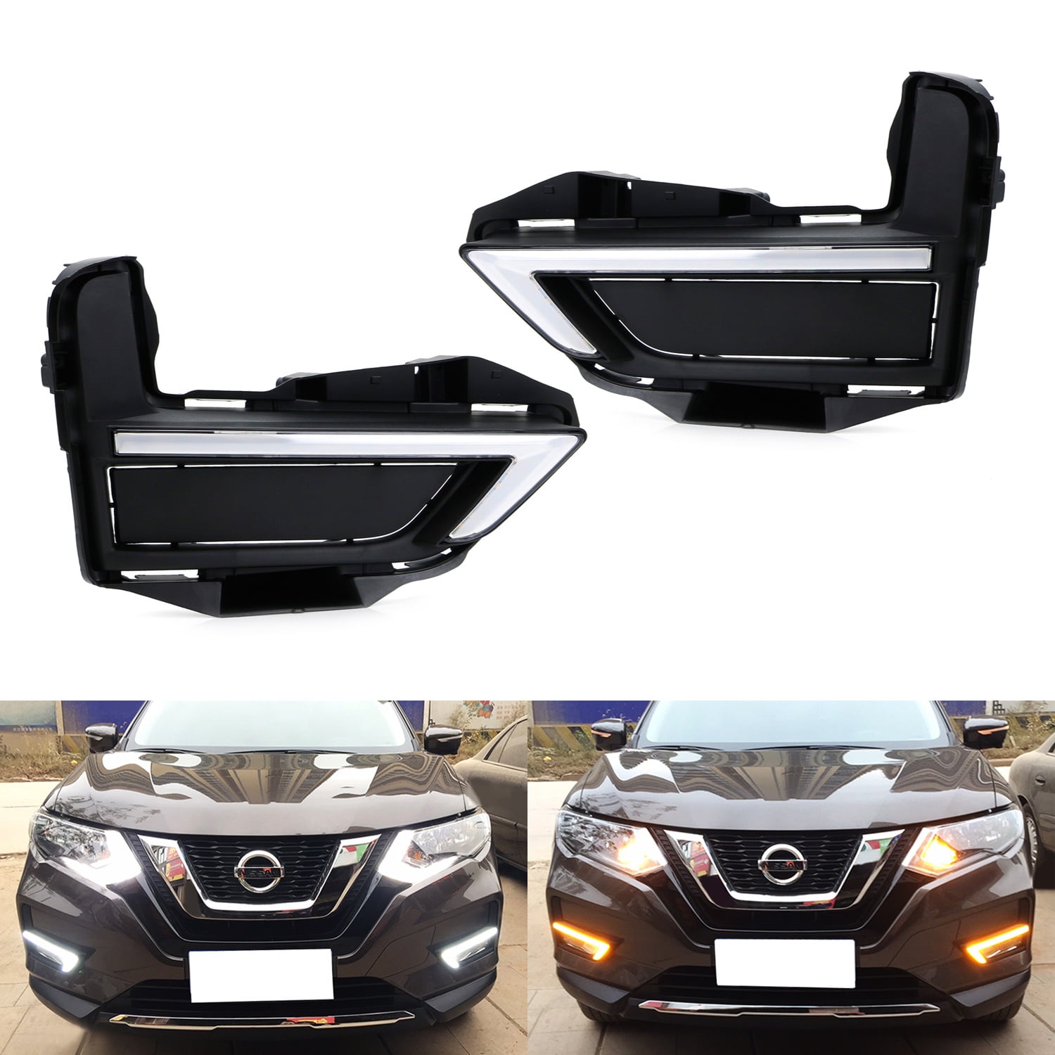 For Nissan Rogue 2017 2018 2019 Fog Light Replacement Daytime Running Lights DRL Amber Turn Signal Lamps Rogue LED Daylight with Bezel 