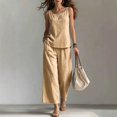 thumbnail image 2 of Linen-Blend Sleeveless Tank Top & Wide Leg Pants Two Piece Set for Women, Square Neck Loose Fit Palazzo Lounge Outfit - Solid Color Summer Casual Co-ord Khaki XXL, 2 of 5