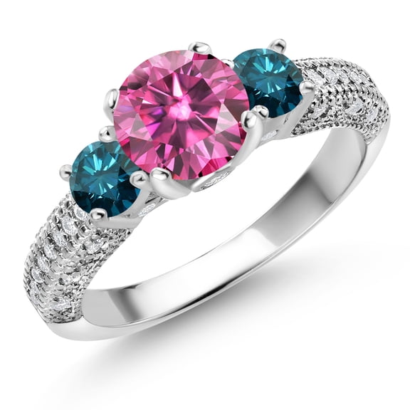 Gem Stone King 925 Sterling Silver Pink Moissanite Blue Diamond and White Moissanite Engagement Ring for Women (1.82 Cttw, Gemstone, Round 7MM and 4MM, Size 8)
