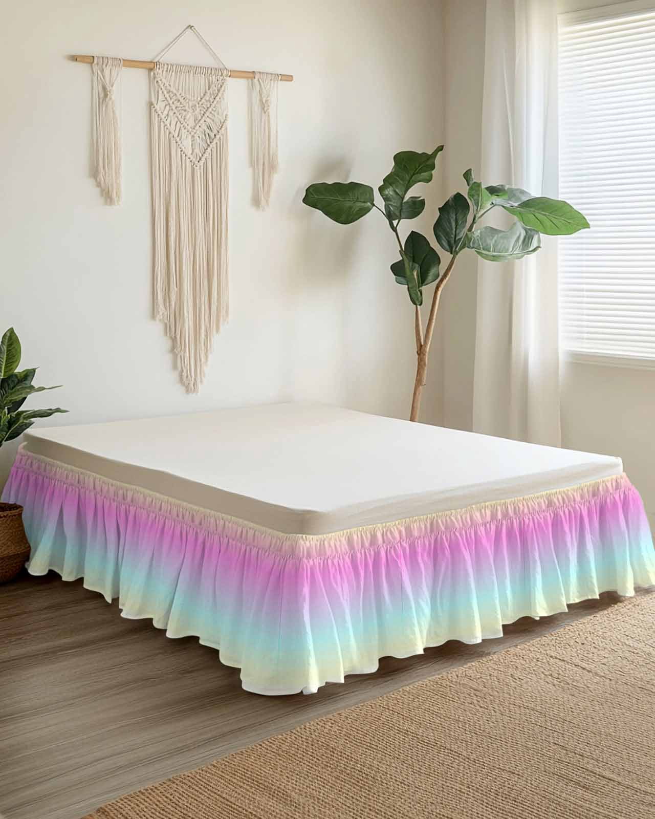 Pink Blue Bed Skirt King Size 16" Drop Purple Yellow Gradient Ruffled Wrap Around Bed Skirts Adjustable Elastic Bedskirt Dust Ruffle for King Size Bed