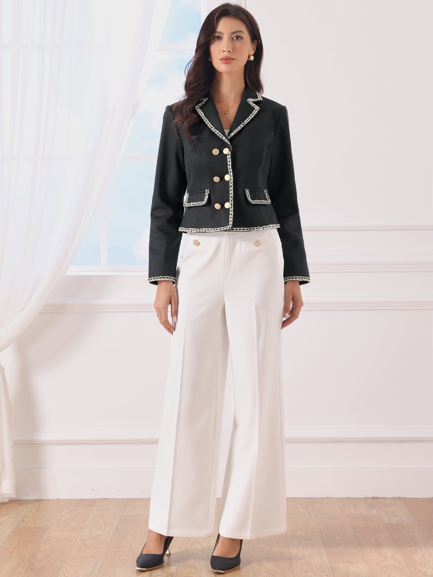 DARING DIVA Women's Vintage Notched Lapel Long Sleeve Cropped Blazer M Black