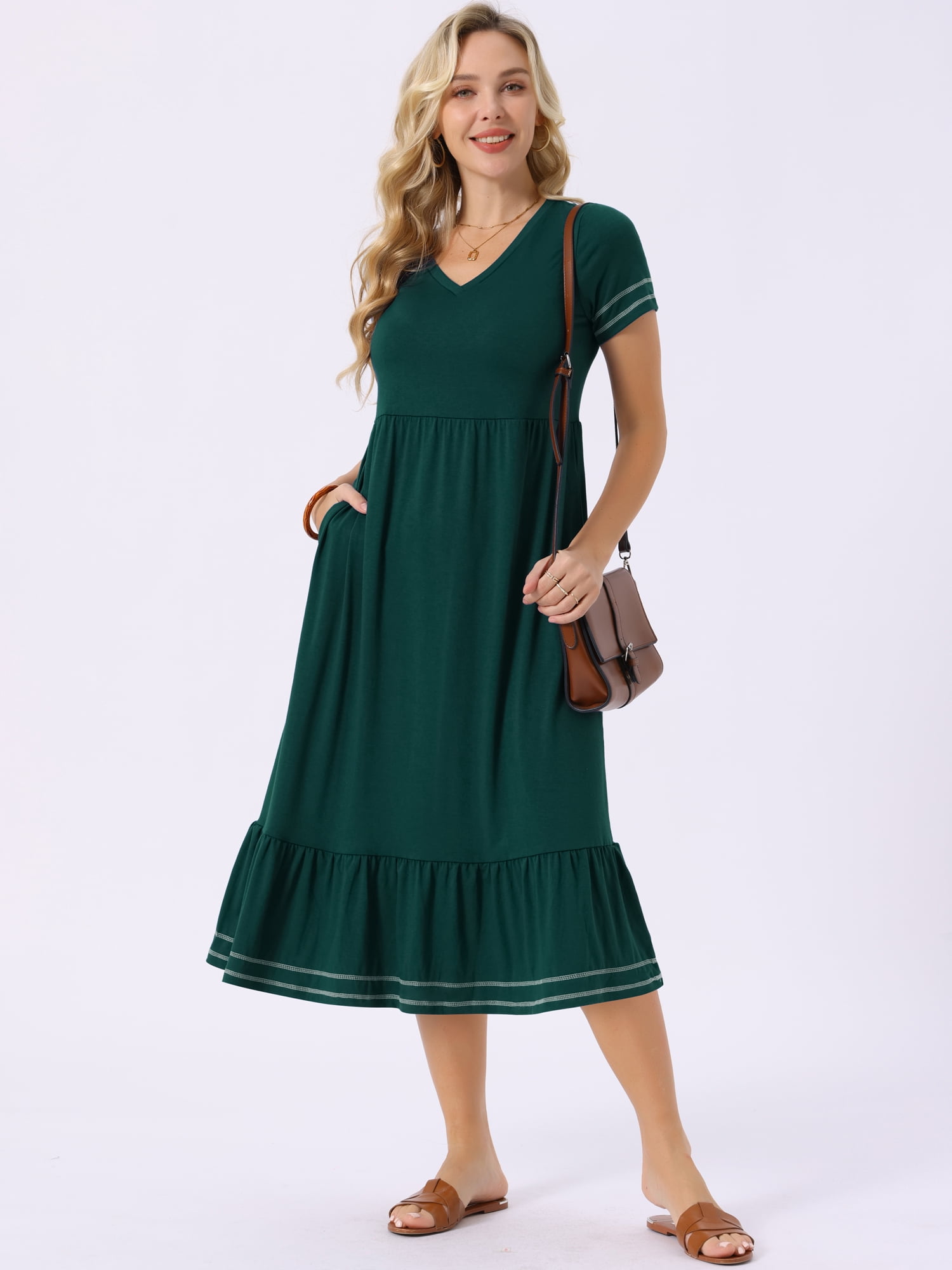 DARING DIVA Short Sleeve V Neck Contrast Trim Flowy Dress L Dark Green