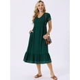 thumbnail image 4 of DARING DIVA Short Sleeve V Neck Contrast Trim Flowy Dress L Dark Green, 4 of 7