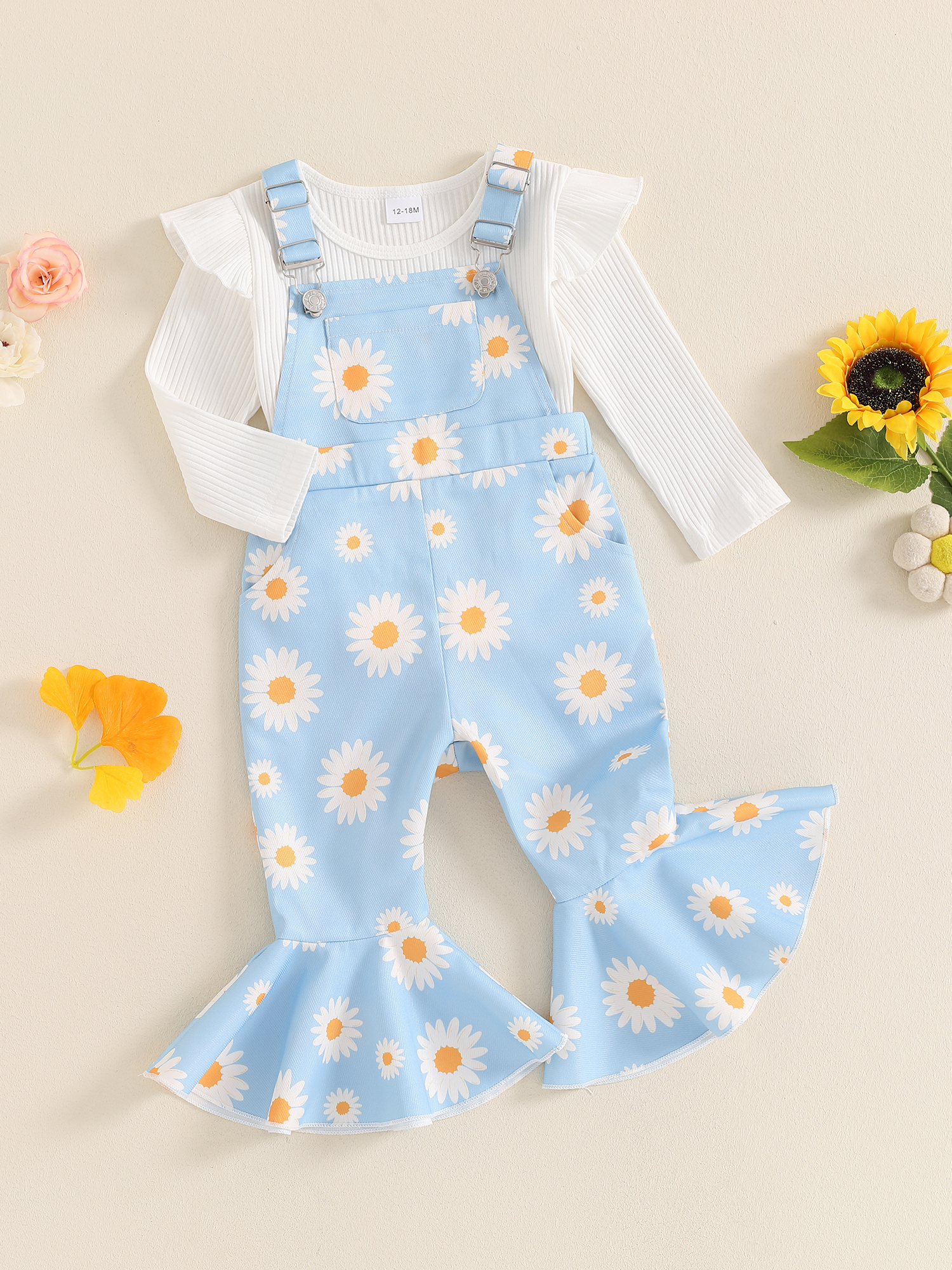 Hirigin Toddler Baby Girl Fall Clothes 1-5 Years Floral Print Overalls Suspender Flare Pants Long Sleeve Ruffle Knit Top 2Pcs Outfits Set