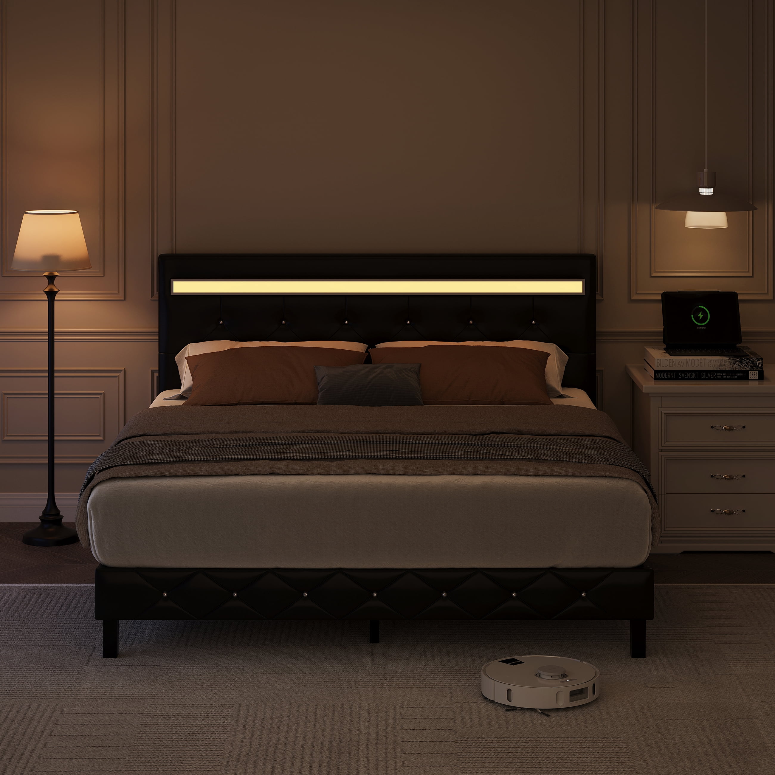 Forrise King Size Bed Frame with Upholstered LED Headboard, Built-in USB Ports & Power Outlets, No Box Spring Needed, Black