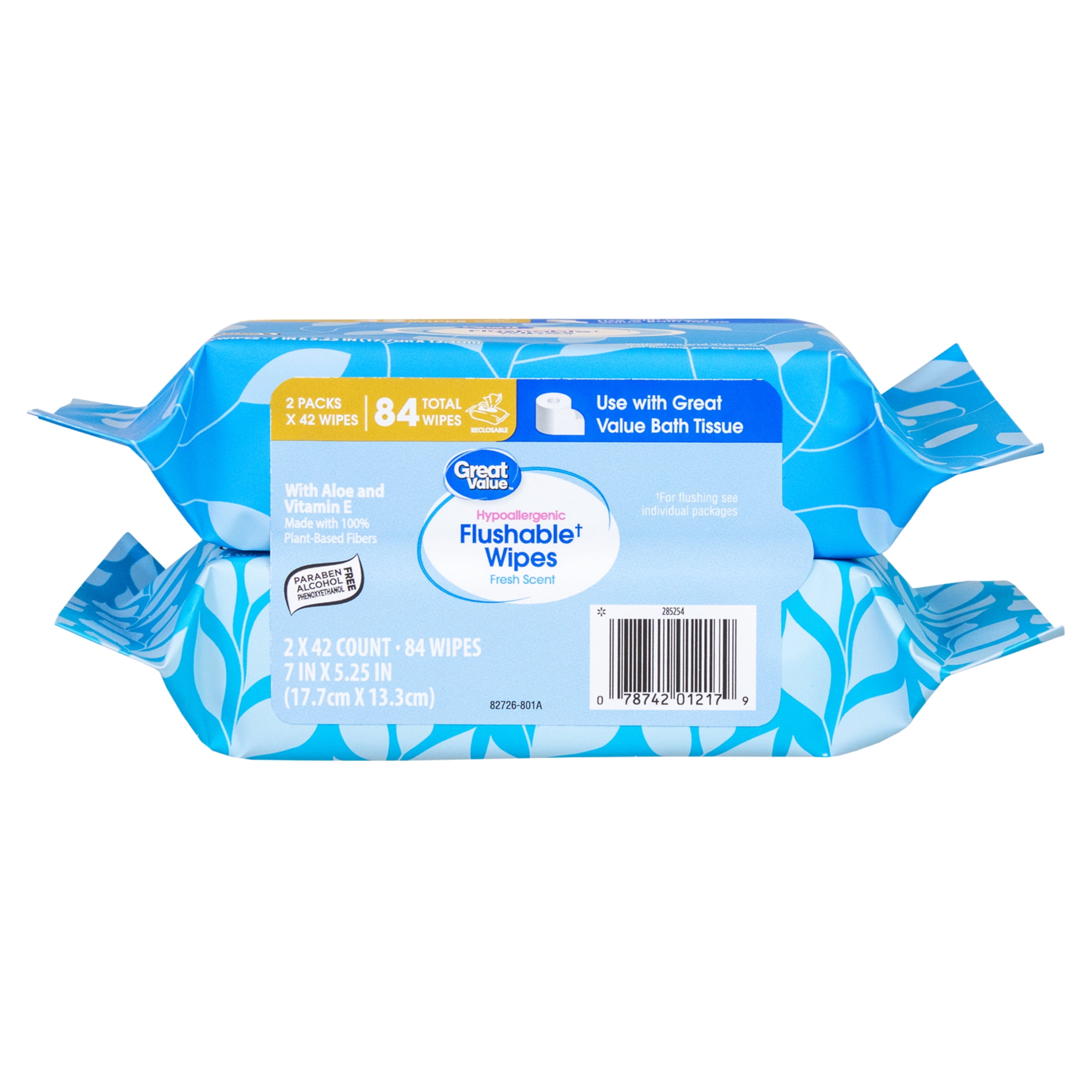 (8 pack) Great Value Fresh Scent Flushable Wipes, 2 Resealable Packs, 84 Total Flushable Wipes