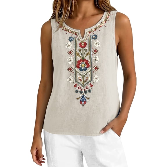 Womens Summer Tops Loose Embroidered Sleeveless V Neck Cotton Linen Tank Tops for Women Beige L