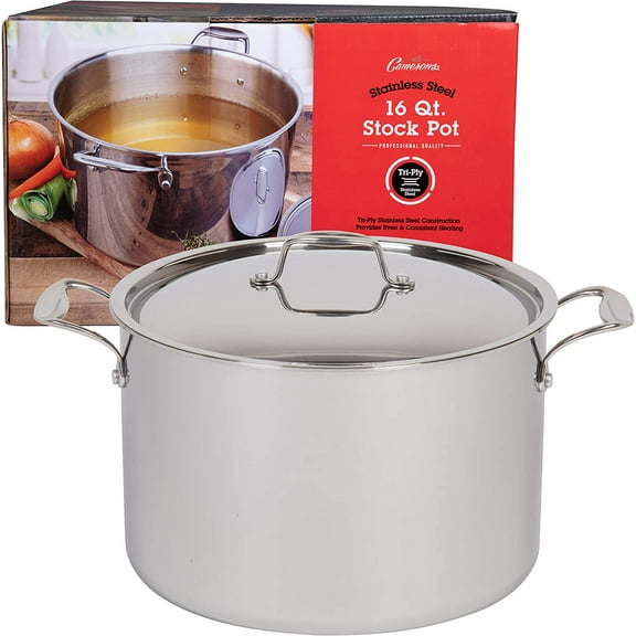 Camerons Stock Pot - Tri-ply 18/10 Professional Grade Induction Ready with Stainless Steel Lid and Stay Cool Handles (16 Quarts) - Great for Turkey & Feasts