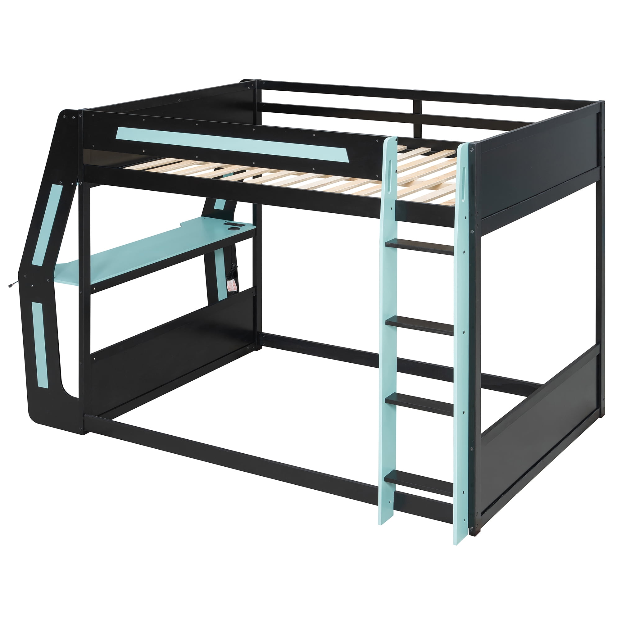 Aukfa Full Over Full Gaming Bunk Bed with Desk, USB Charging Station & LED Lights, Heavy-Duty Wood Esports Loft Bed Frame, Blue