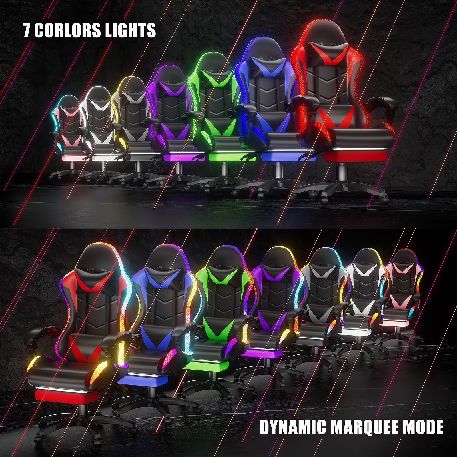 Czlolo Gaming Chair, Racing Style RGB LED Lights Gaming Chairs for Adults and Kids, Lumbar Massager Gamer Chair, High Back Reclining Computer Chair with Footrest and Headrest (Black/Red)