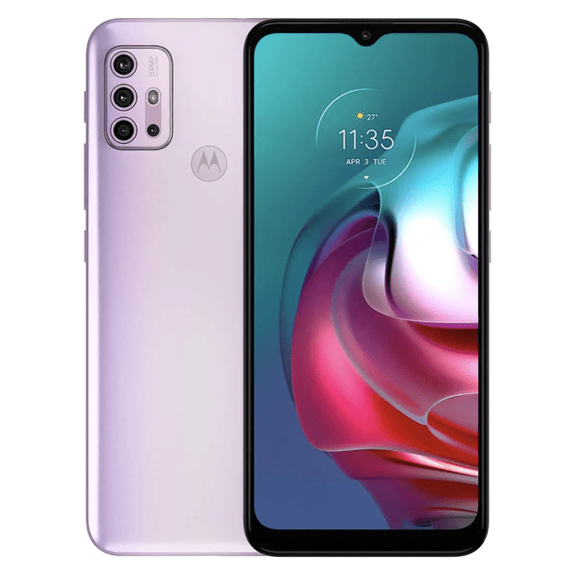 motorola moto g30 64 gb 4 gb ram pastel sky 64 mpx dual desbloqueado nuevo motorola xt2129-2 lila, vista frontal y trasera en 3/4: smartphone con pantalla de 6.5 pulgadas y muesca en gota, marcos negros delgados, módulo trasero con cuatro lentes y flash junto al logotipo Motorola, acabado lila mate; a menudo usado para fotografía móvil con lente principal de 64MP y batería de 5000 mAh.