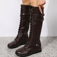 thumbnail image 2 of Rokment Vintage Knee High Combat Boots for Women Casual Buckles Leather Lace up Platform Wedge Mid Heels Mid Calf Motorcycle Riding Tall Booties, 2 of 8