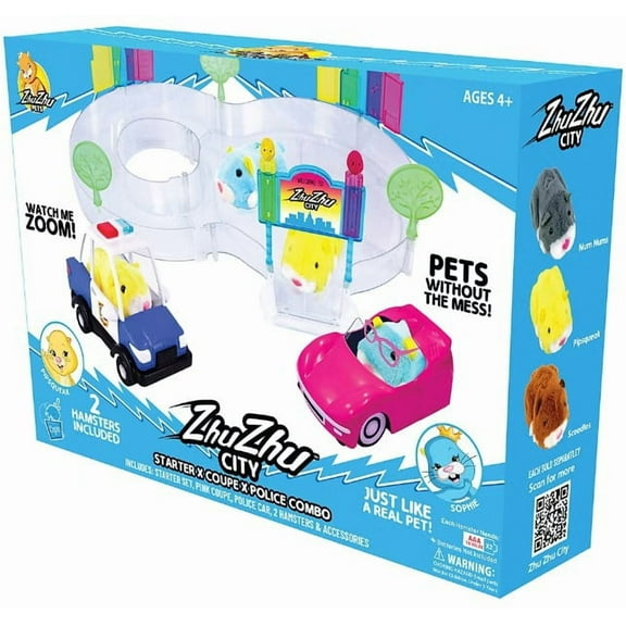 Zhu Zhu City Downtown BUNDLE Set (Sophie & Pipsqueak Hamsters with Pink Coupe, Police Car & More!)