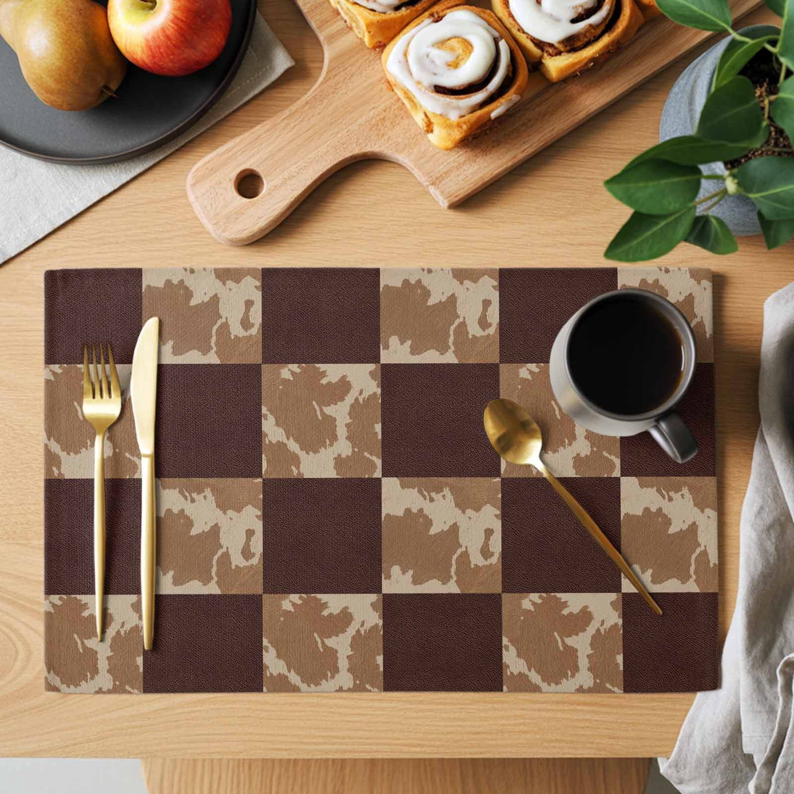 Placemats Set of 4, Vintage Patchwork Woven Placemat, Linen Place Mats for Kitchen/Dining Tables, Western Brown Animal Texture Plaid Washable Table Mats for Party