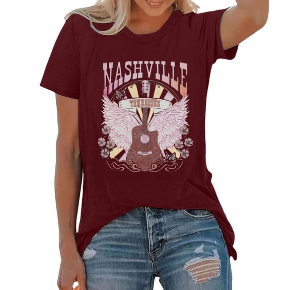 TrendOFT Country Music Graphic Tees for Women Western Retro Guitar Crew Neck Short Sleeve Shirts Casual Vintage Summer Tops Brick Red L