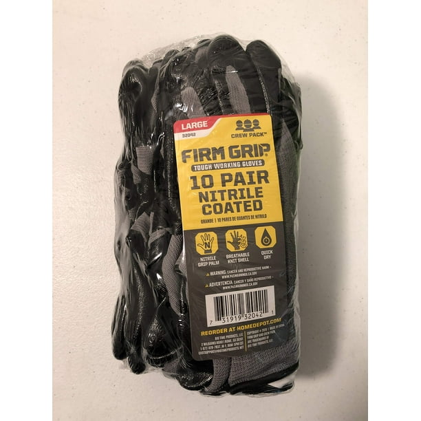 Firm Grip 10 Pair Nitrile Coated Tough Working Gloves Black Size LARGE