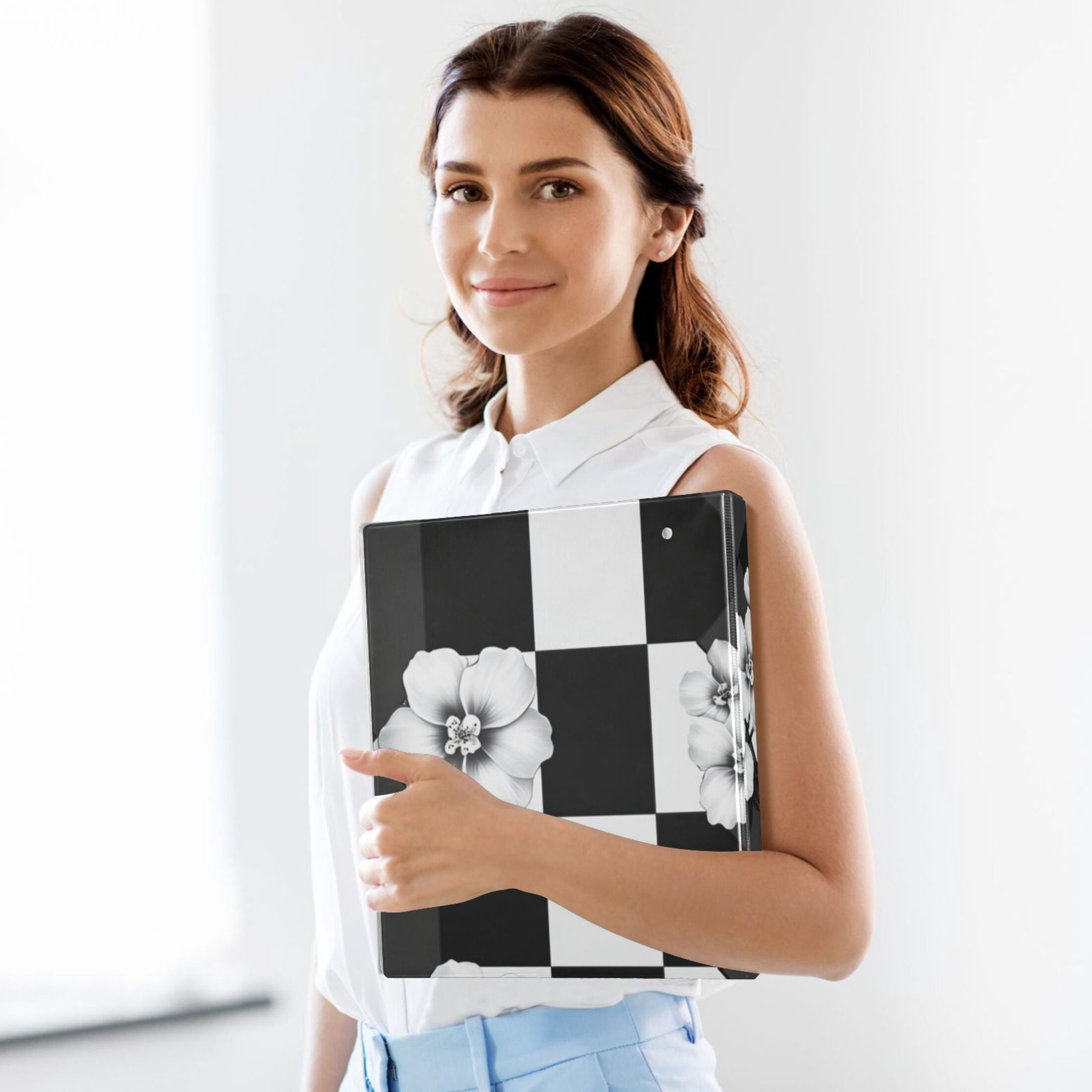 White Flowers in Grid 3 Ring Binders 1.5 inch Hardcover File Folders with Interior Pockets A4 Size Organizer for School Office Hospital Set of 2