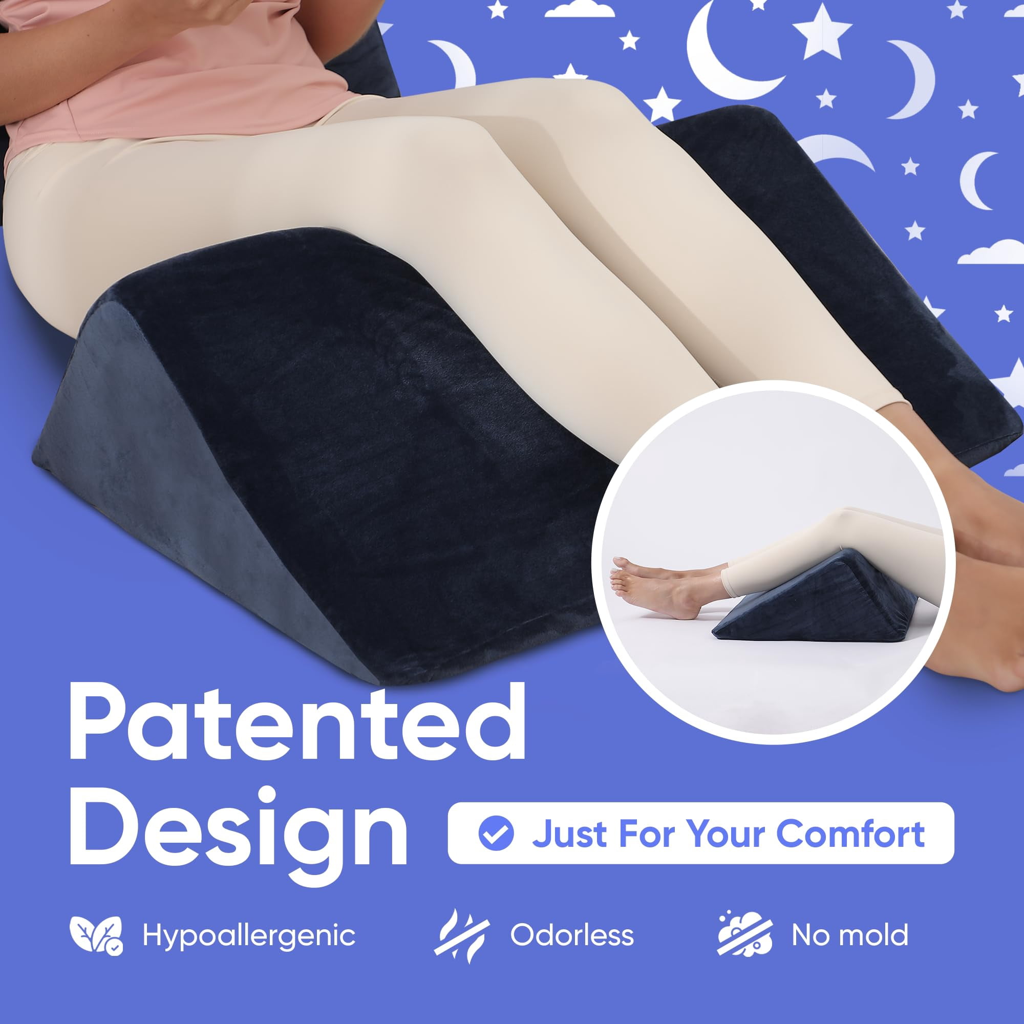 AllSett Health Bed Wedge Pillow Set – 2-Piece Memory Foam Support Cushions for Back, Legs & Knees, Navy