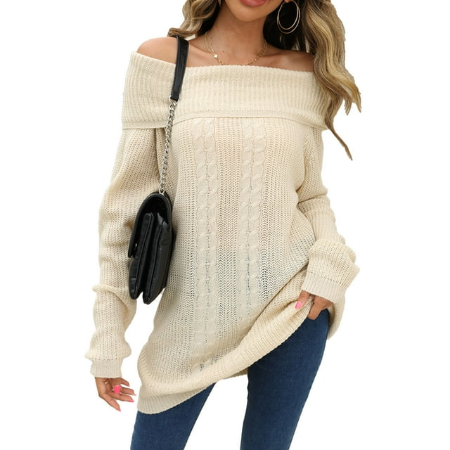 Suéter de manga larga para mujer, dobladillo largo, cuello barco y hombros descubiertos, Top de punto para otoño e invierno