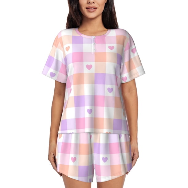 Balery Heart Buffalo Plaid Conjunto de Pijama para Mujer con Estampado, Dos Piezas de Manga Corta y Shorts, Ropa de Dormir Suave con Cuello Redondo y Bolsillos-3X-Large