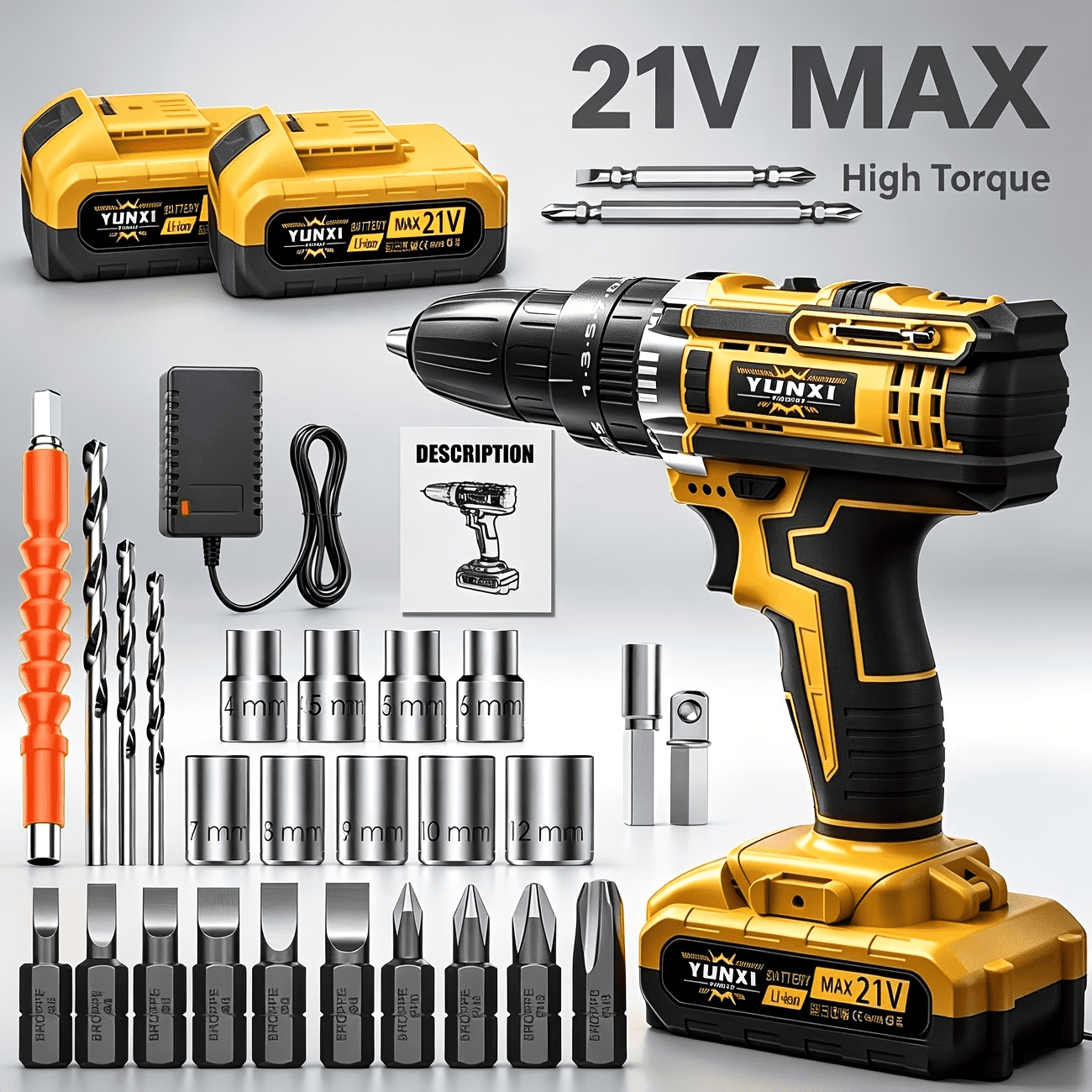 Cordless Hammer Drill - 21V Brushless Electric Power Impact Drill Set 2 Battery & 1/2 Inch Self-Locking Metal Chuck & Accessory for Drilling Wood Bricks Metal