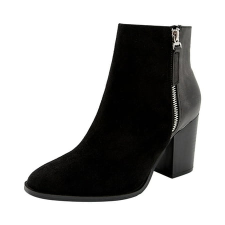 

Women Ankle Boots Pointed Winter Lightweight Square High Heel Flock Zip Bootie Black Boots women size 7.5