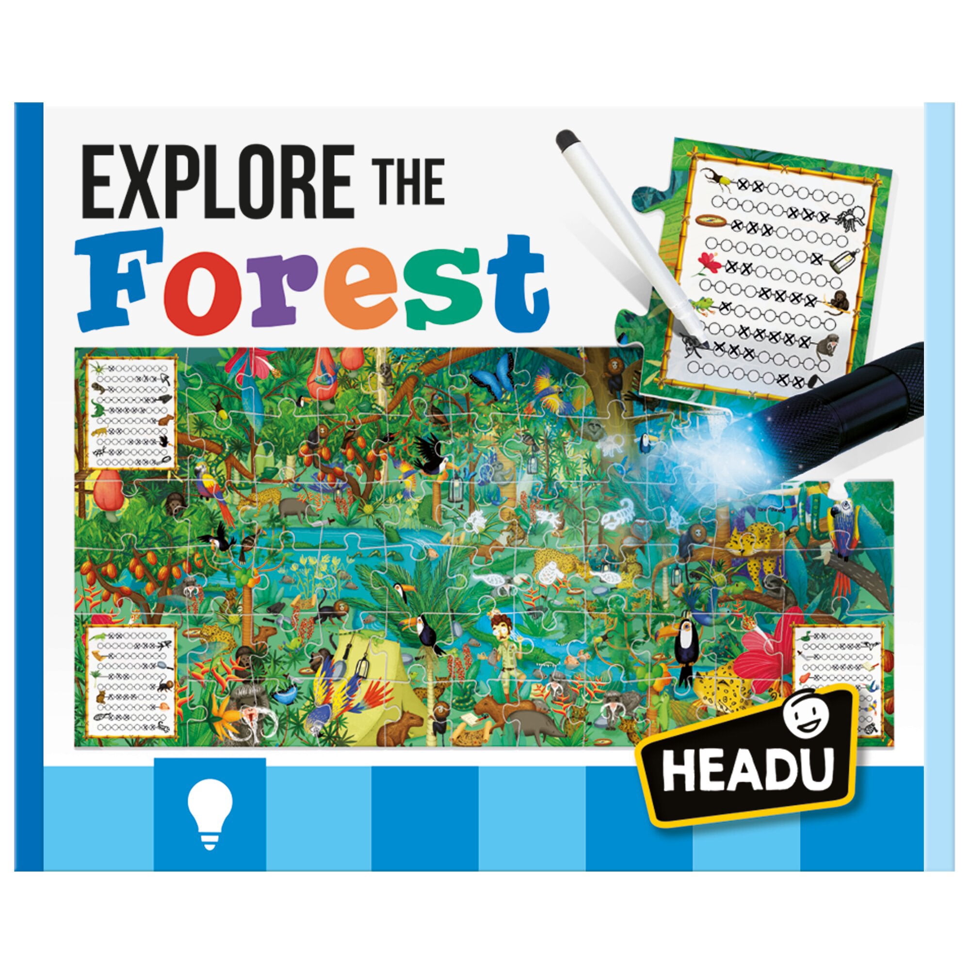 Headu: Explore The Forest Puzzle - 70pc Activity Jigsaw, Magic Reveal Light, 27x17" Jungle Ecosystem Scene, Search & Find Plants & Animals, Kids 5+