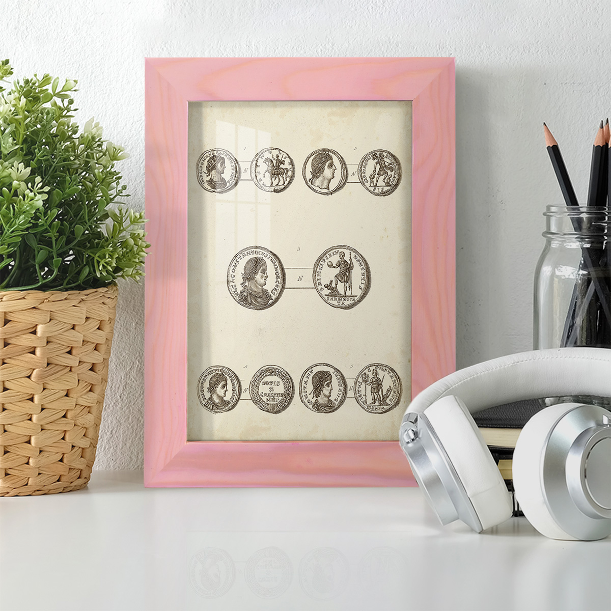 Antique Roman Coins V -Framed Print w/glass-Sunset Pink
