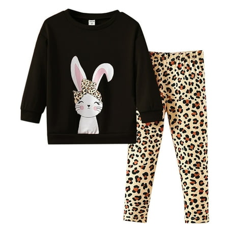 

QYZEU Kids Outfit Girl Clothes 3T-4T Toddler Girls Boys Baby Soft Casual Sports Cartoon Bunny Prints Long Sleeve Sweatshirt Leopard Prints Pants Kids Sleepwear Sets