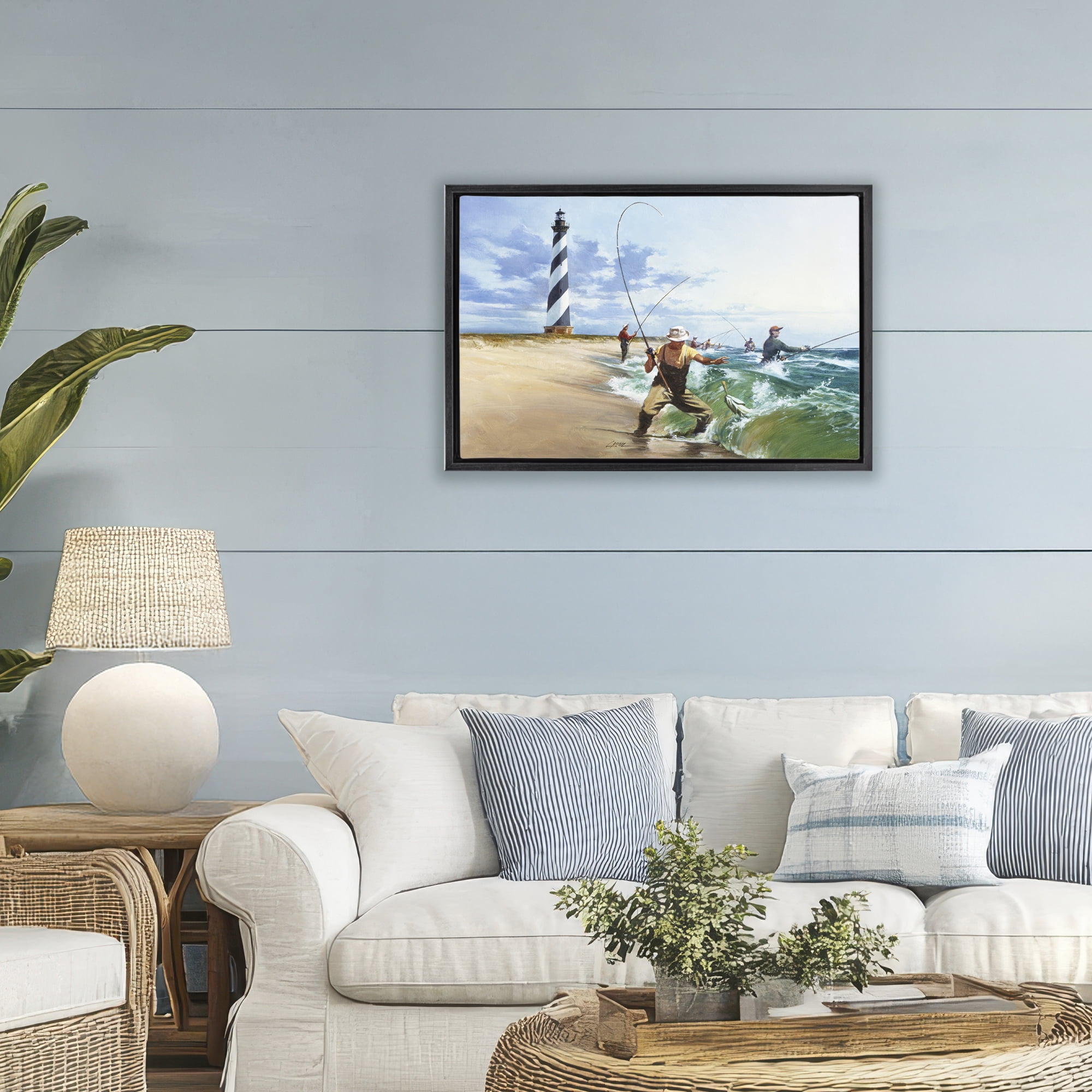 Cape Hatteras Fishermen Black Framed Floater Canvas Wall Art, design by Wind River Studios