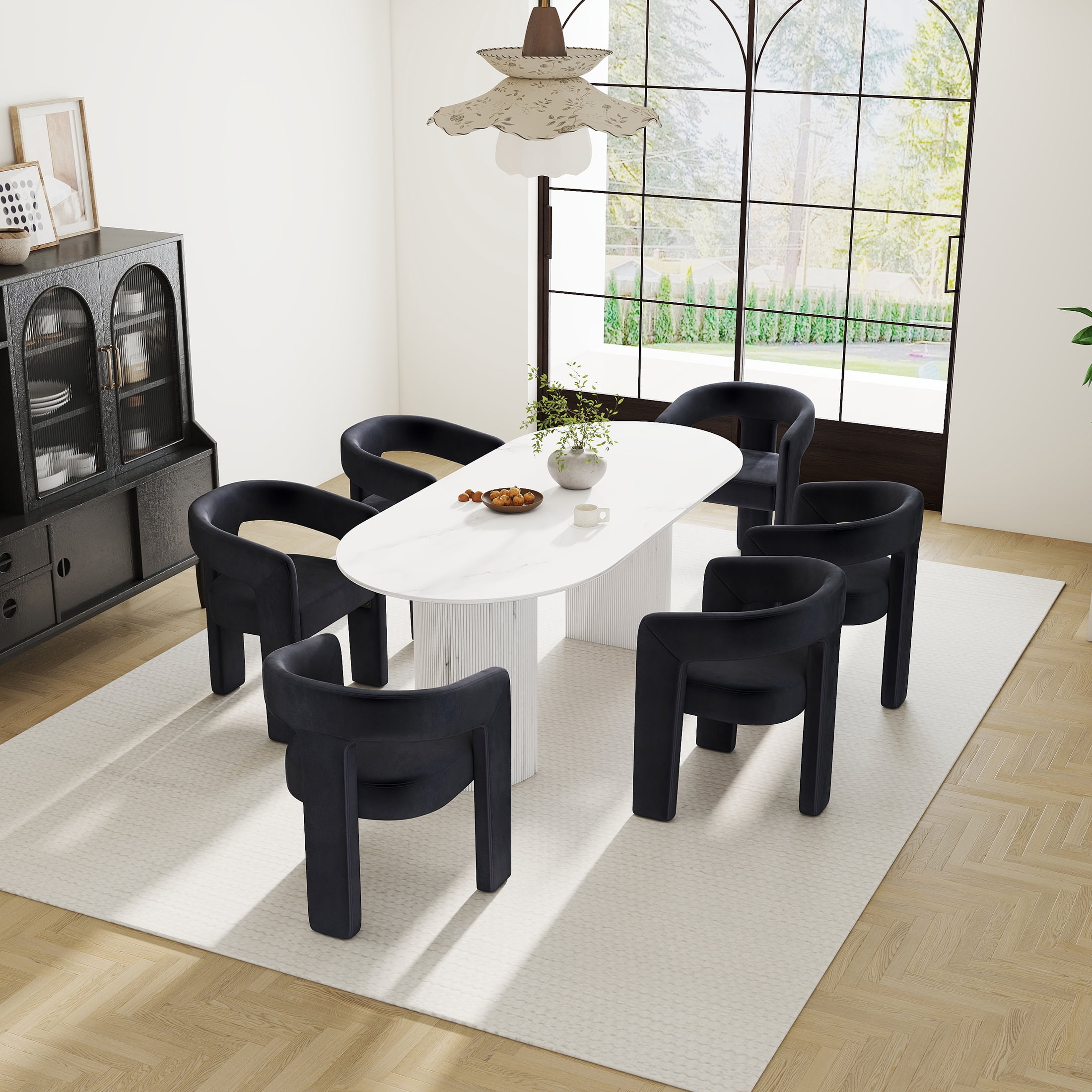 Guyou Modern Velvet Upholstered Dining Chair, Cute Barrel Side Armchair Kitchen Chair with Armrests and Back for Living Room Dining Room Bedroom, Black