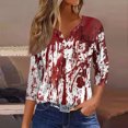 thumbnail image 2 of Blusa informal holgada con cuello en V, mangas 3/4 y botones para mujer, con efecto tie-dye, en rojo y blanco, 2 of 5