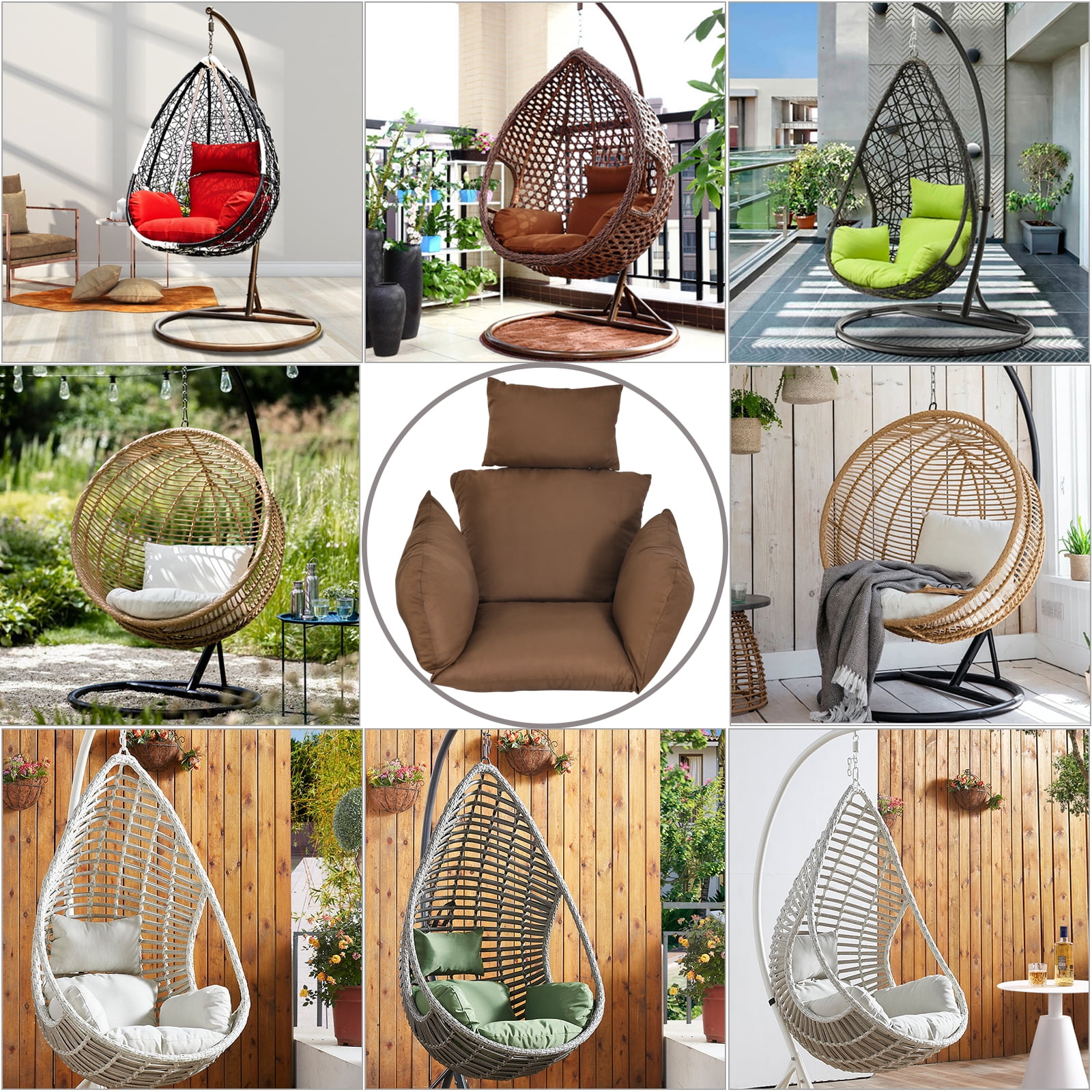 Eurhowing Hanging Egg Chair Cushion with Headrest & Armrest, 4" Thick Waterproof Non-Slip Swing Chair Pad, Outdoor Cushions for Patio Furniture (Coffee)