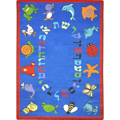 Joy Carpets Educational Blue ABC Animals Hebrew Alphabet Area Rug