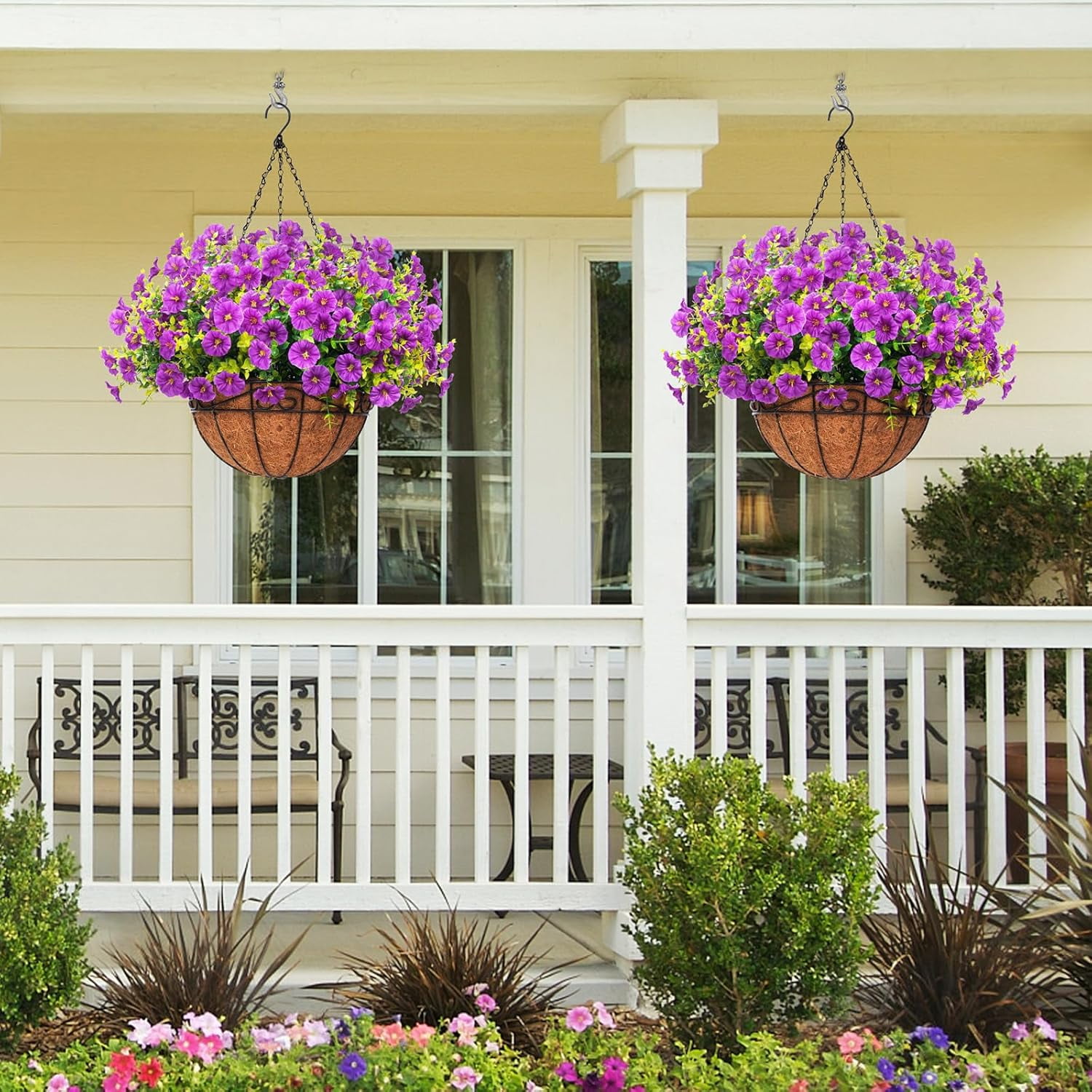 Lyacmy Purple Artificial Hanging Flowers in Basket for Indoor Outdoor, 10Pcs Fake Boxwood Petunias with Eucalyptus Leaves with 20Inch Coconut Lining Chain Flowerpot
