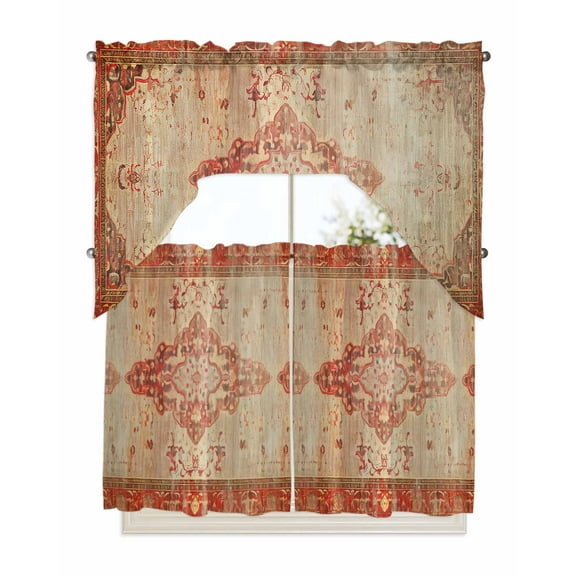 Red Beige Kitchen Curtain and Valance Set 3 Pieces,Rod Pocket Short Tier Curtains 36 Inch Length,Vintage Boho Ethnic Geometric Abstract Art Swag Topper Small Window Treatment for Cafe Bathroom