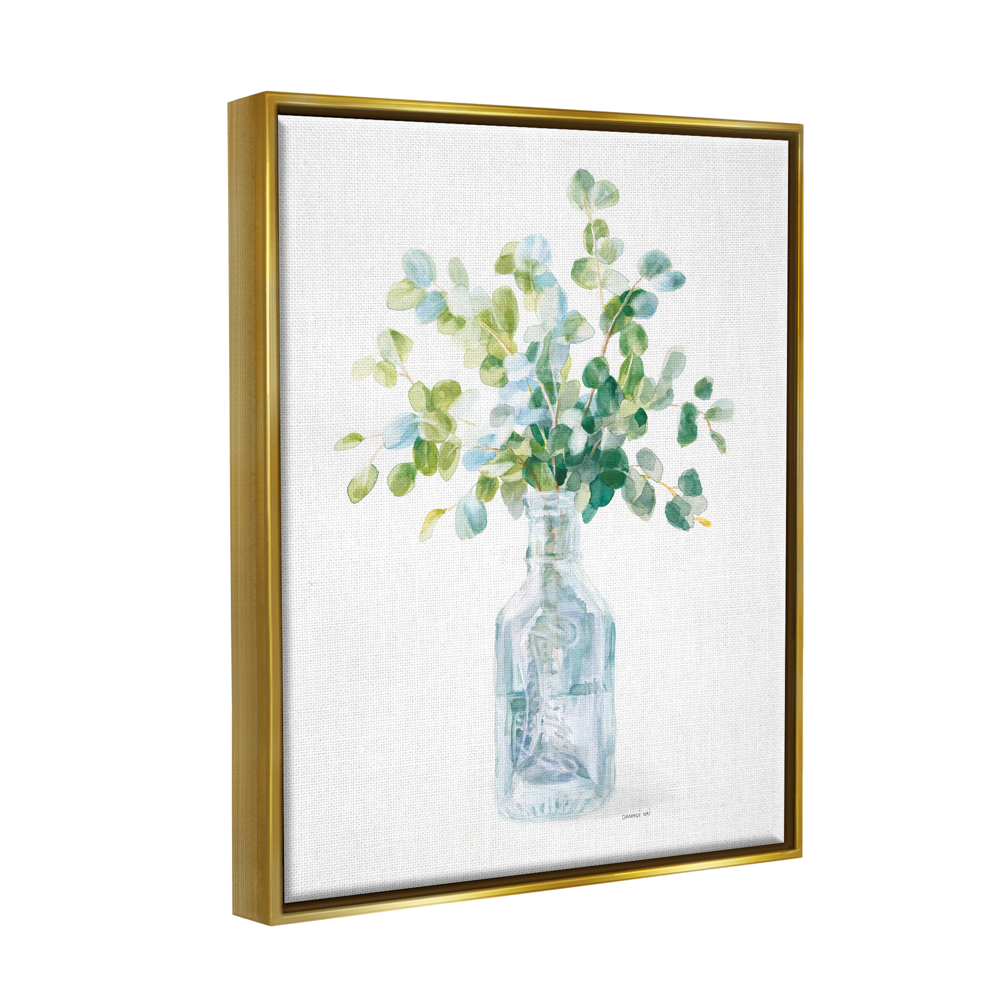 Stupell Industries Flower Jar Still Life Green Blue Painting Metallic Gold Framed Floating Canvas Wall Art, 16x20, by Danhui Nai