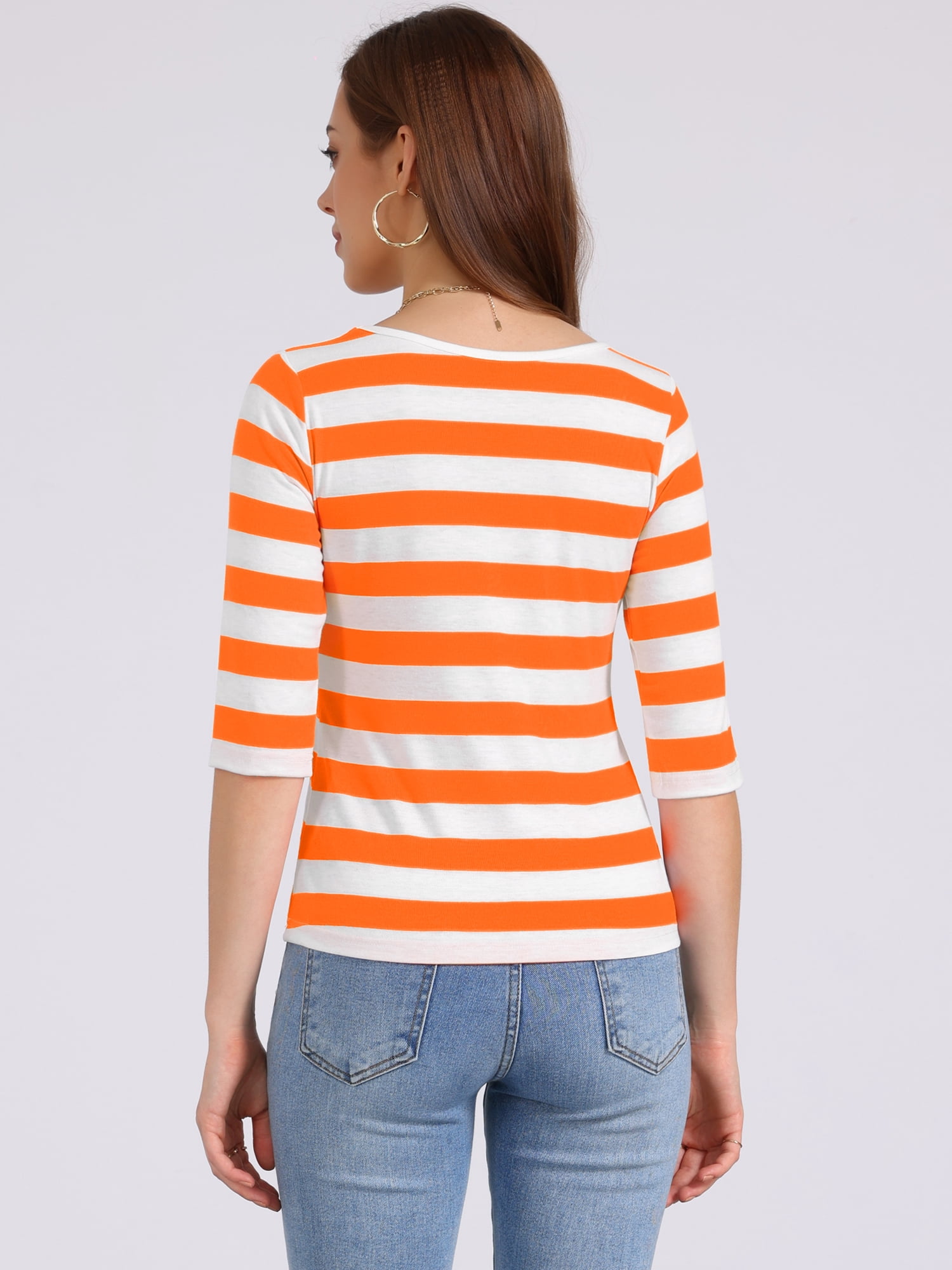 DARING DIVA Women's Elbow Sleeves Round Neck Slim Basic Printed T-Shirt XL Orange White
