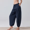 thumbnail image 3 of Harem Pants Women Loose Yoga Boho Clothes with Pockets Drawstring Wide Leg Elastic Bottom Lounge Palazzo Pant (S, Navy), 3 of 7