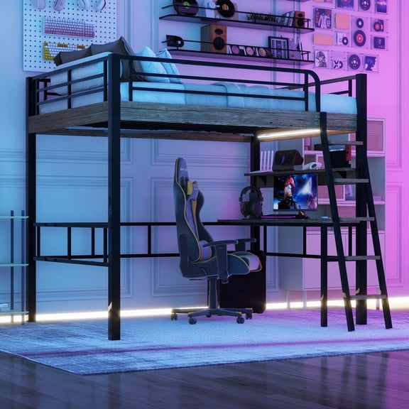 Metal Full Size Black Loft Bed Incorporating LED, Desk & Storage Shelf