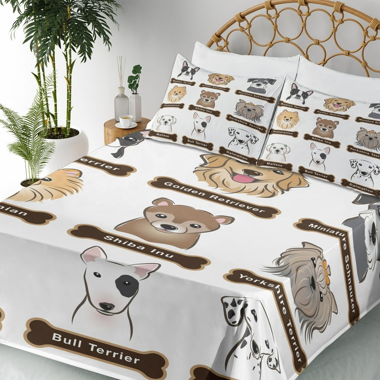 Dog Sheet Set Various Type of Dogs Nameplate Boston Terrier Domestic Animal Faithful Loyal Fitted and Flat Sheet with Pillowcases Bedding Accent 4